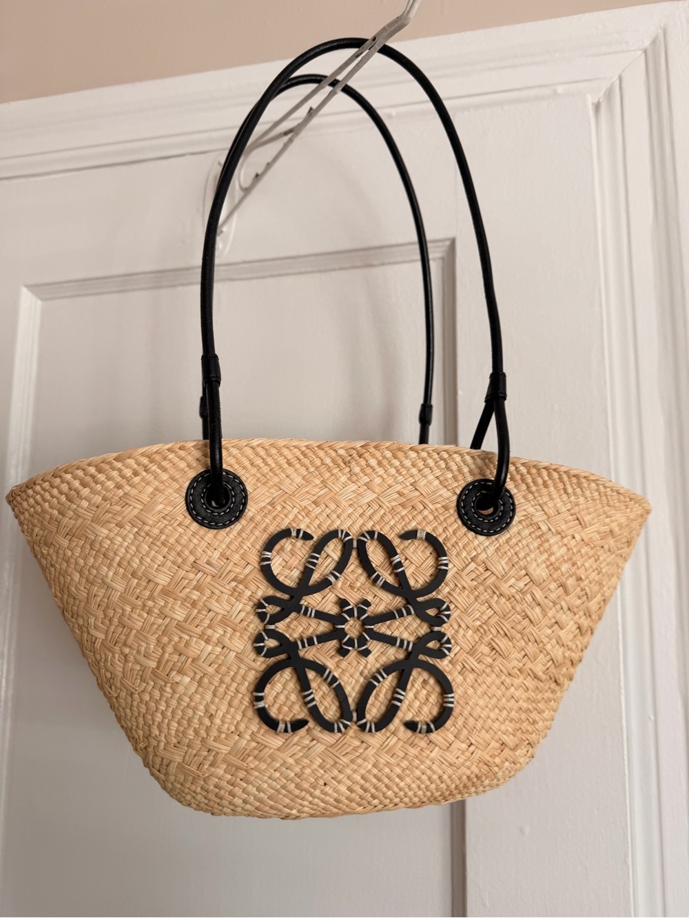 Loewe Straw Tote Bag with Black Leather Accents
